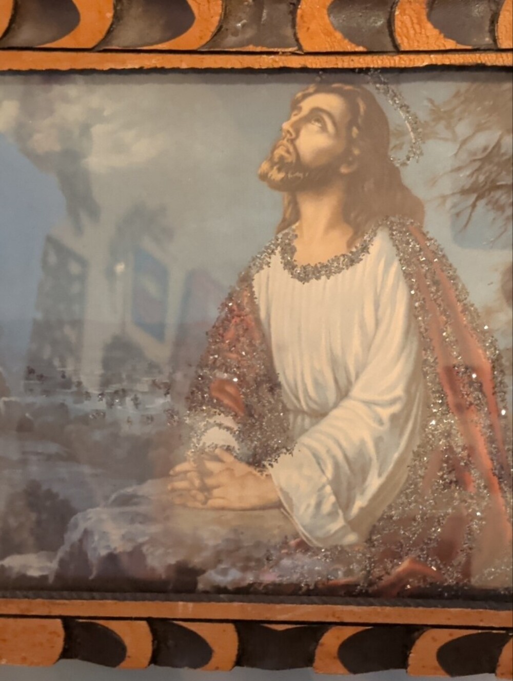 Framed Jesus Art Print With Glitter in Brown Wood Frame 10X12